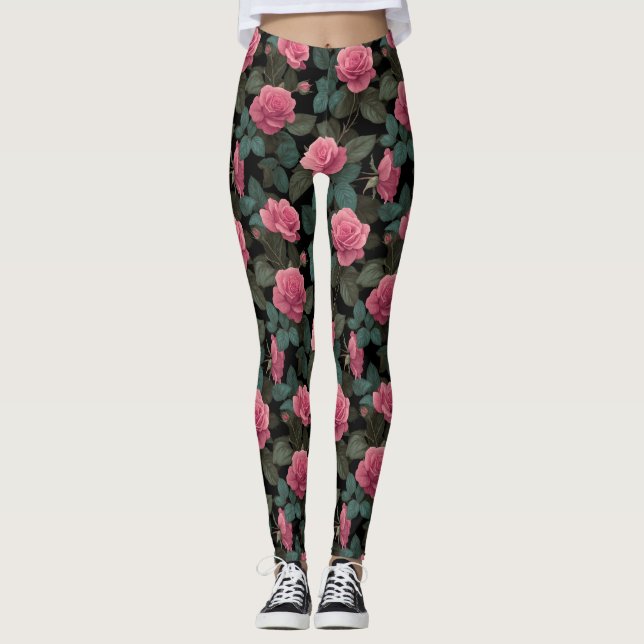Leggings Pink Roses on Black Floral Pattern (Devant)