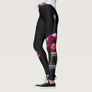 Leggings Pivoines Dramatiques Élégantes Et Tour Eiffel