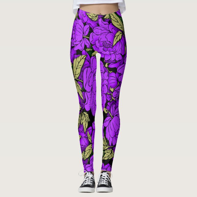 Leggings Pivoines violettes avec feuilles dorées (Devant)