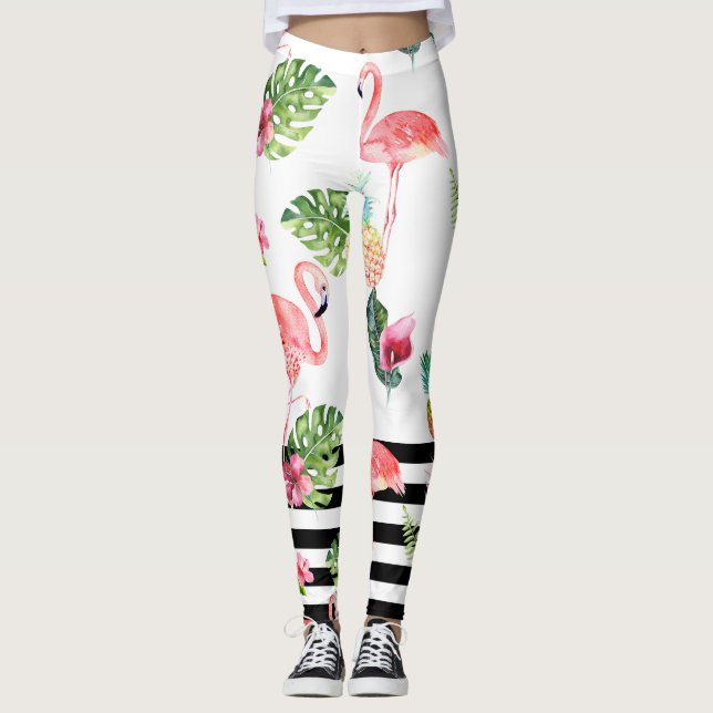 Leggings PixDezines Flamants roses roses+Bandes noires ajus (Devant)