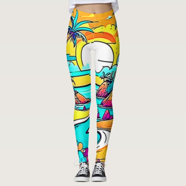 Leggings Plage au coucher de soleil tropical vibrant (Devant)