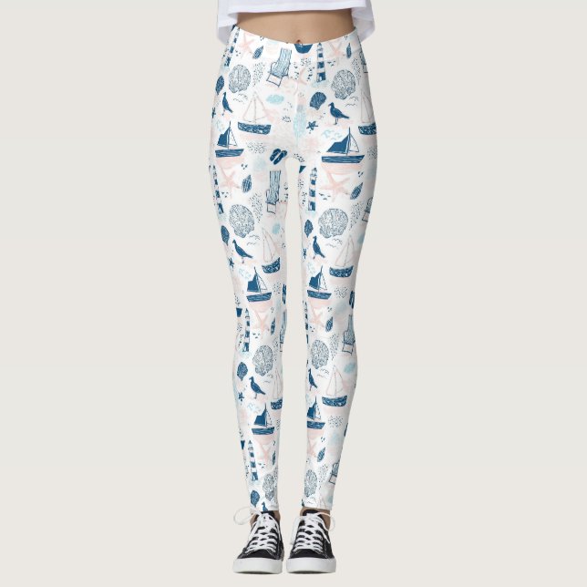 Leggings Plage nautique été bleu rose côtier (1) (Devant)