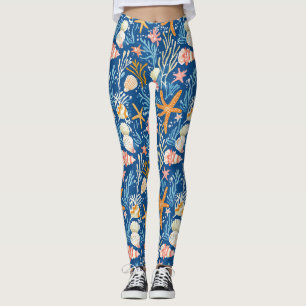 Leggings Plage Rétro Coquillages Orange Rose Jaune Bleu