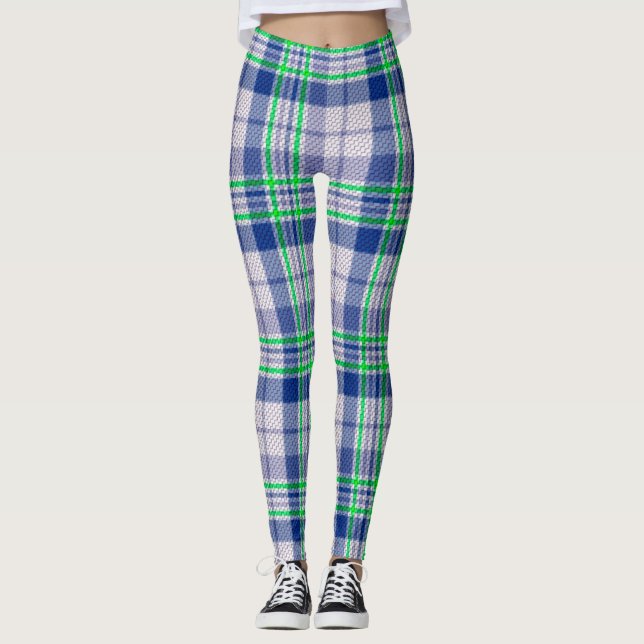 Leggings Plaid Bleu Avec Légendes Vertes (Devant)