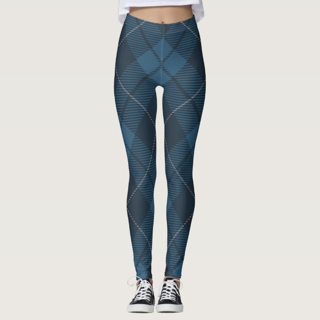 Leggings Plaid de tartan diagonal à la mode bleu (Devant)