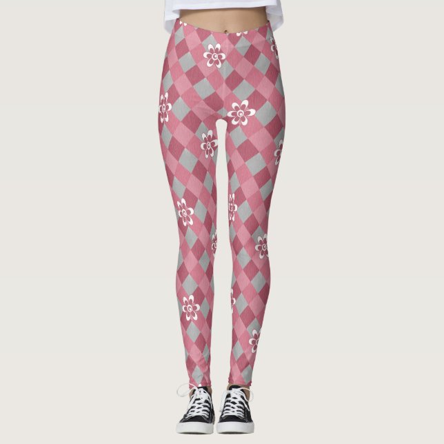 Leggings Plaid gris et rose avec fleurs camomilaires (Devant)