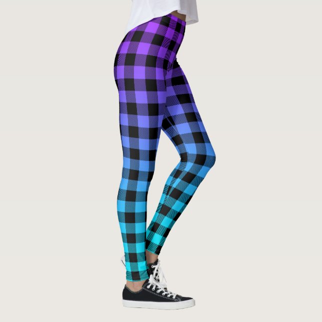 Leggings Plaid noir sur turquoise & violet ombre (Droite)