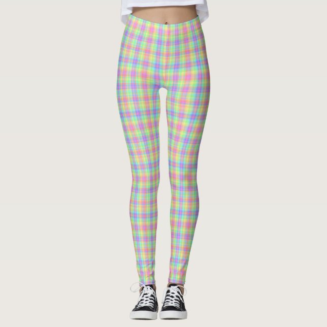 Leggings Plaid Pastel Jaune Bleu Rose Vert Violet (Devant)