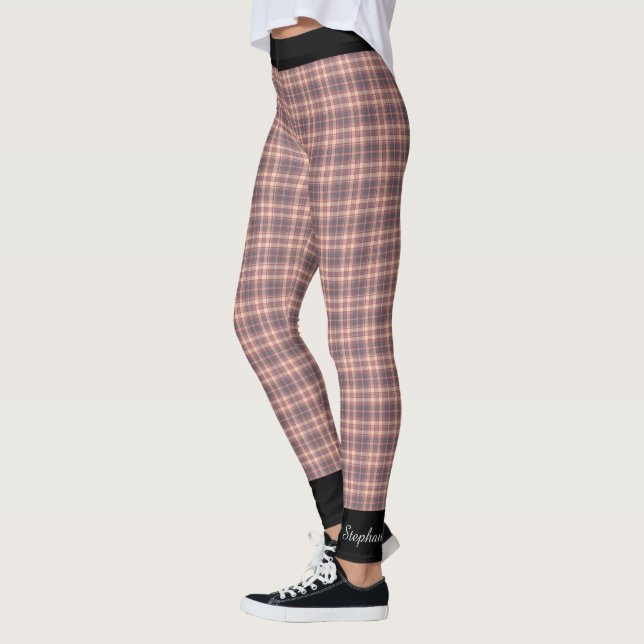 Leggings Plaid personnalisé rose et gris avec finition noir (Gauche)