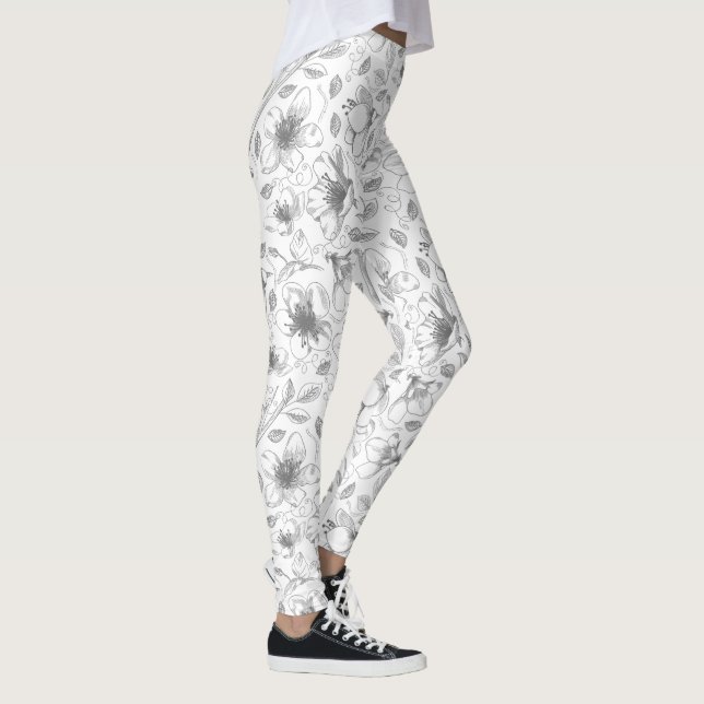 Leggings Plan floral esquissé Motif gris/Wht ID939 (Droite)