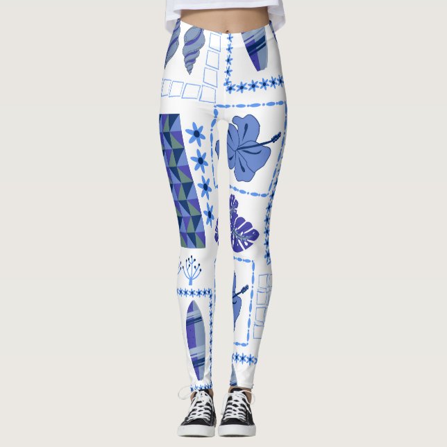 Leggings Planche de surf tropicale bleue motif hibiscus (Devant)