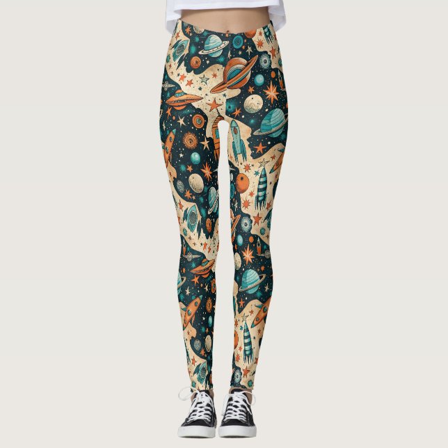 Leggings Planètes de fusée spatiale rétro Orange sarcelle N (Devant)