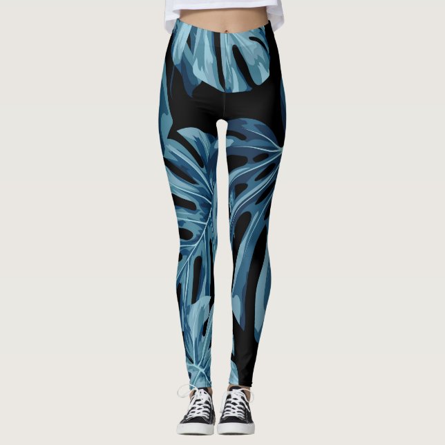 Leggings Plante Monstera : motif feuille bleu. (Devant)