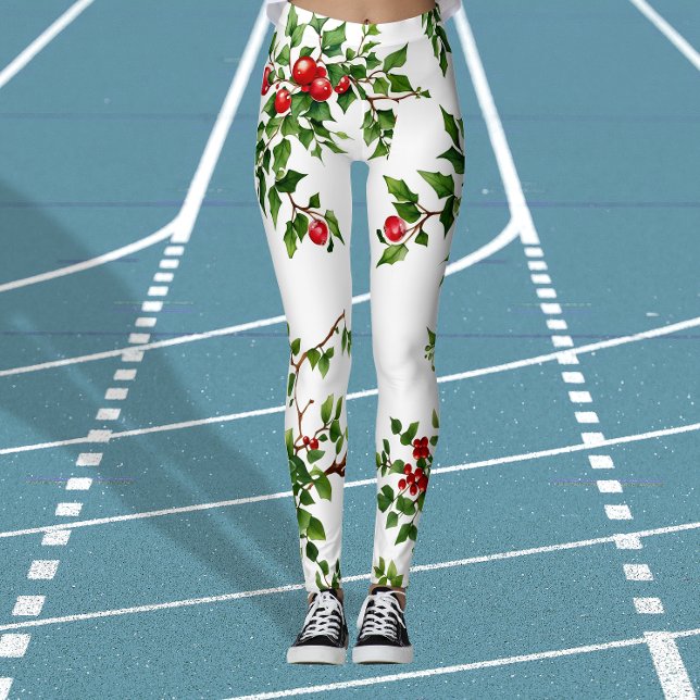 Leggings Plantes de gui vert rouge de Noël chic Aquarelle  (Créateur téléchargé)