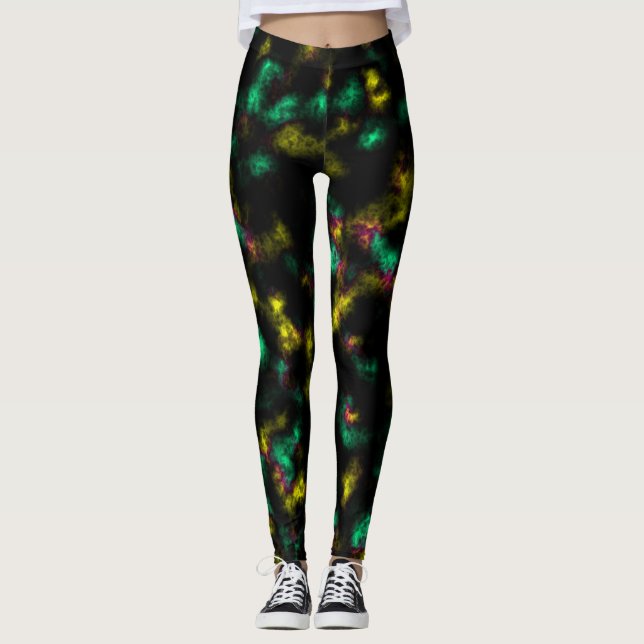 Leggings Plasma souple Abstrait en vert et jaune sur noir (Devant)