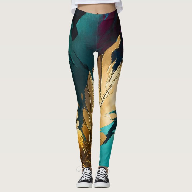 Leggings Plume Doré – Élégance Abstraite Luxueuse (Devant)