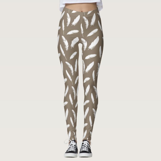 Leggings Plumes blanches Imprimer sur tan taupe (Devant)