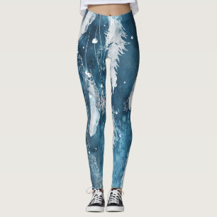 Leggings Plumes blanches tombantes, aquarelle bleue.
