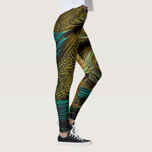 Leggings Plumes de paon élégantes abstraites bleu sarcelle