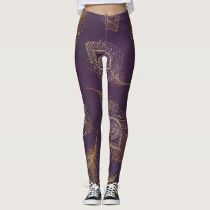 Leggings Plumes de paon or, arrière - plan violet.