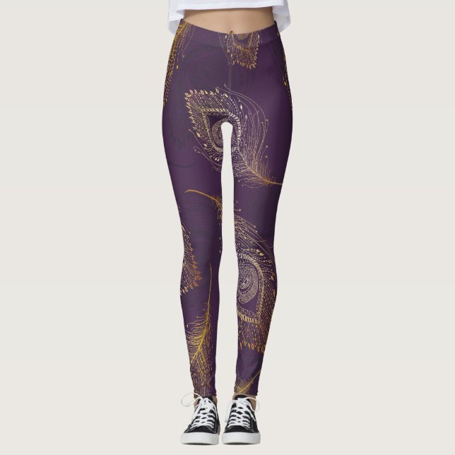 Leggings Plumes de paon or, arrière - plan violet. (Devant)
