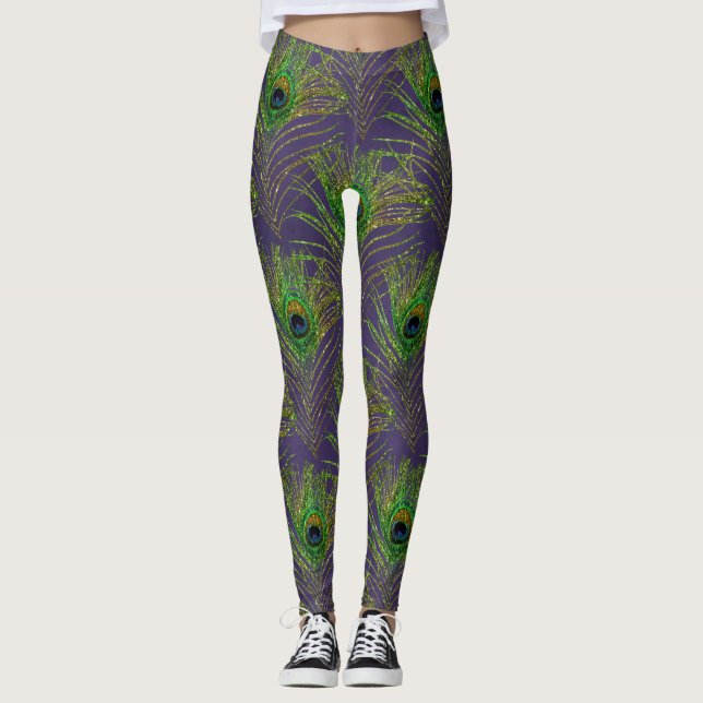 Leggings Plumes de paon Paons Violet Or Paillettes (Devant)