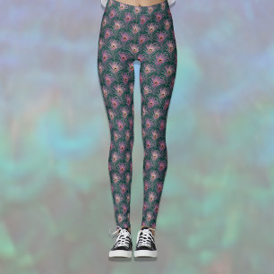 Leggings Plumes de paon rose motif joli sur fond vert foncé