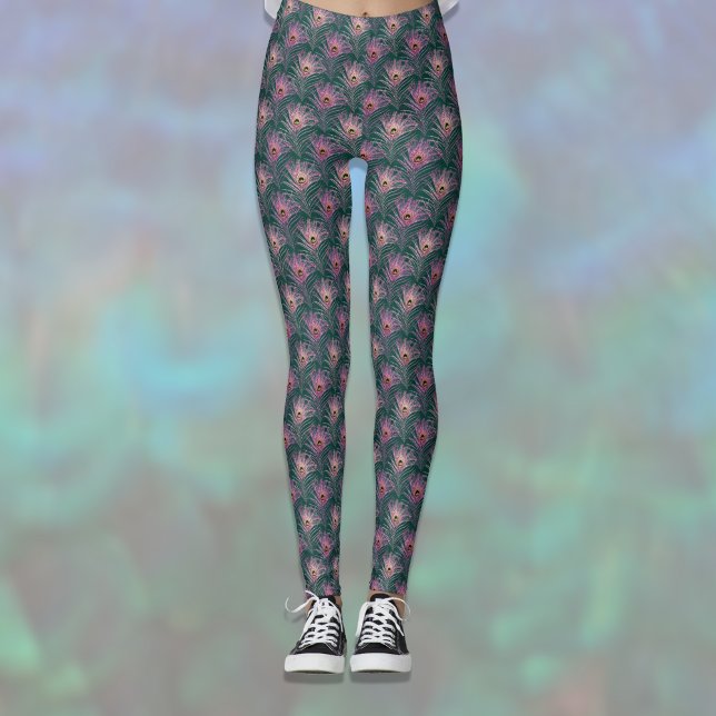 Leggings Plumes de paon rose motif joli sur fond vert foncé (Créateur téléchargé)