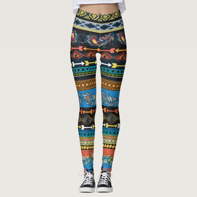 Leggings Plumes ethniques : Broderie Boho Chic (Devant)