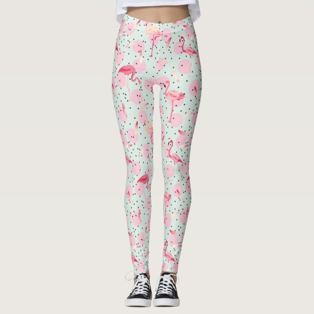 Leggings Plumes Flamants roses sur Pois 2 (Devant)