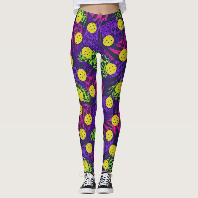 Leggings Plumes Posters de animaux colorées Fun Pickleball (Devant)