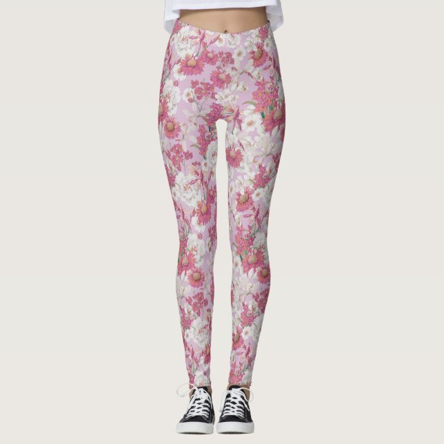 Leggings Plutôt Coloré Violet Rose Motif Floral (Devant)