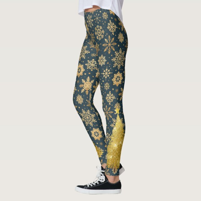 Leggings Pneus dorés sur Bleu foncé avec arbre (Gauche)