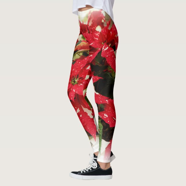 Leggings Poinsettias Festive Rouge Blanc Floral (Gauche)