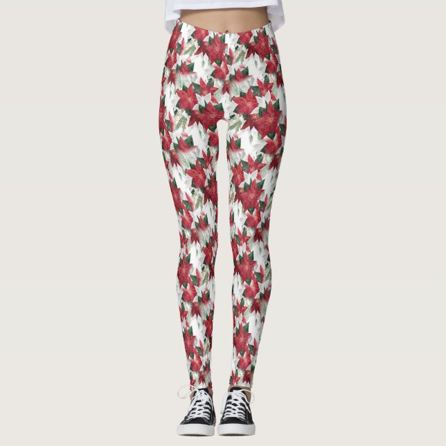 Leggings Poinsettias rouges et blancs (Devant)