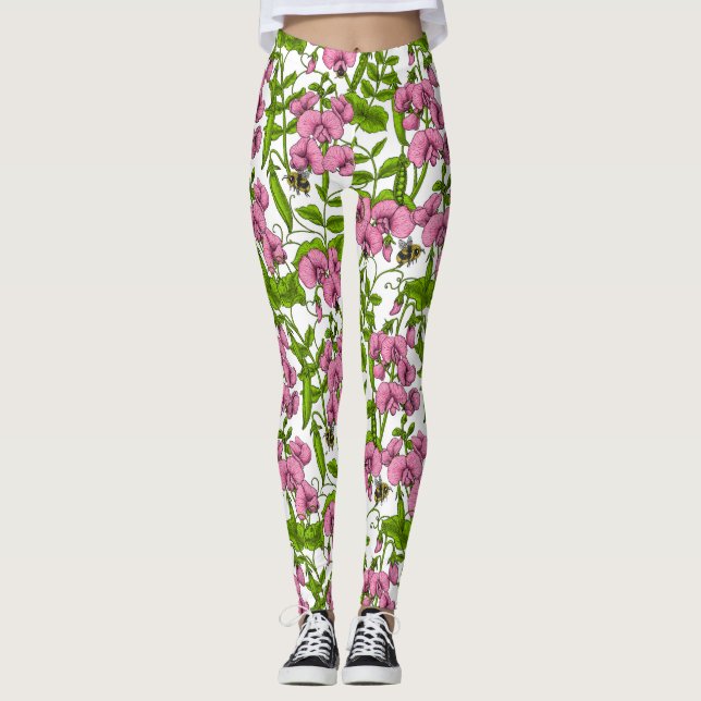 Leggings Pois doux et bourdons, rose, vert et blanc (Devant)