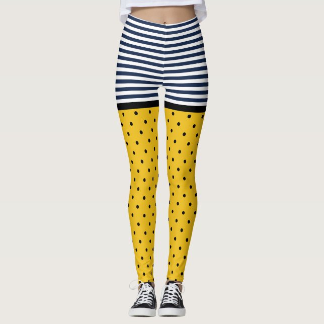 Leggings Pois jaune et noir, noir et blanc rayé (Devant)