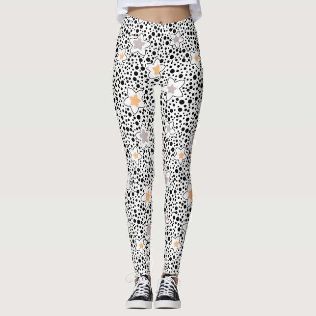 Leggings Pois noir et blanc rétro avec étoiles (Devant)