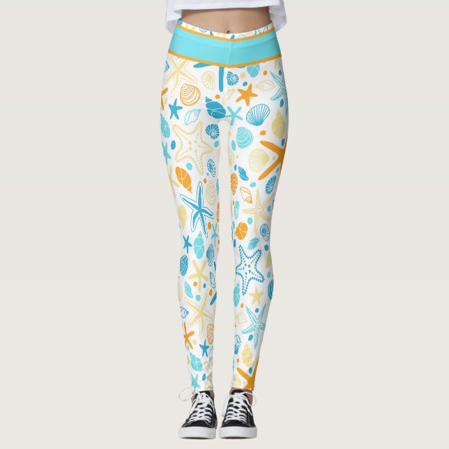 Leggings Poisson étoilée et coquillages sur blanc (Devant)