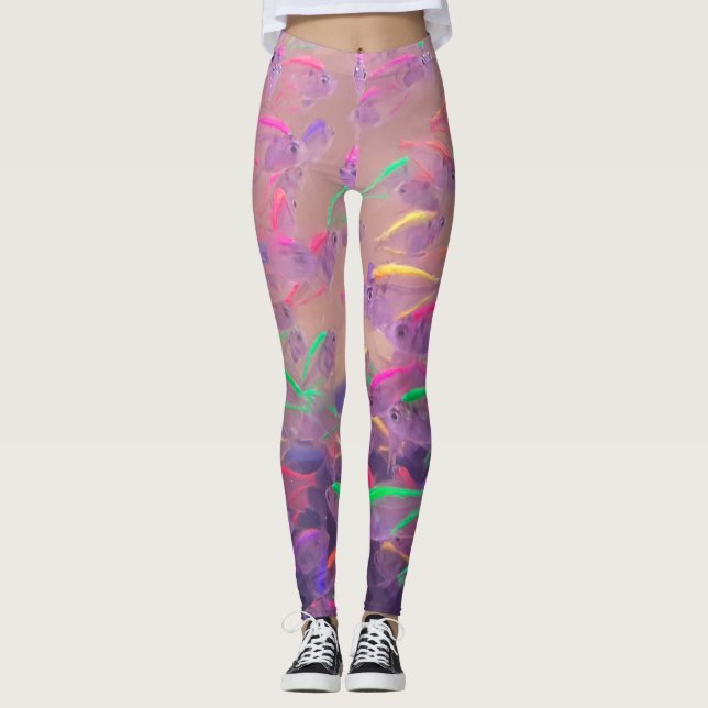 Leggings Poisson-néon jaune rose violet psychédélique fémin (Devant)