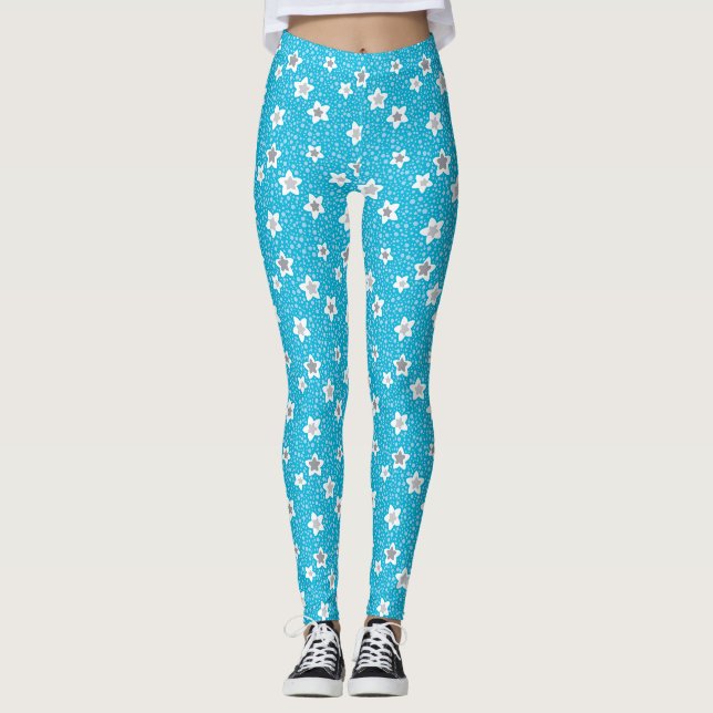 Leggings Polka bleu paradisiaque point rétro avec étoiles (Devant)