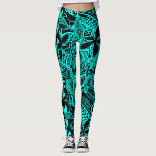 Leggings Polynésie Turquoise - Décors tribaux Turquoises ha