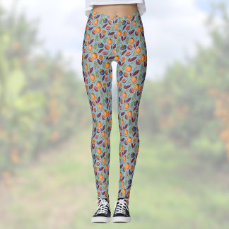 Leggings Pomegranates Oranges and Ferns Vintage Dusty Blue