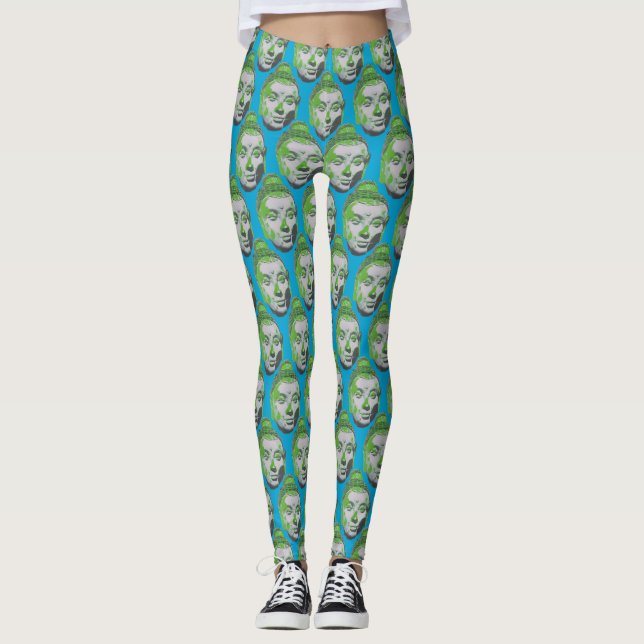 Leggings Pop Art Bouddha Tête sur Bleu - Pantalon Yoga (Devant)