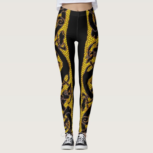 Leggings Porte à noeud celtique doré sur noir (Devant)