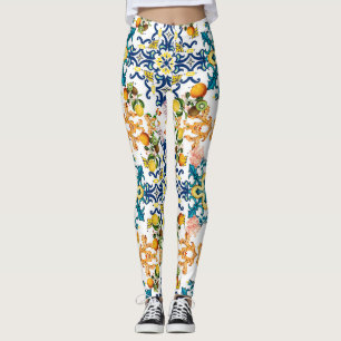 Leggings Portugais vintage tuiles kiwi et citron motif cu