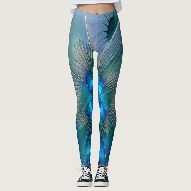 Leggings Position, Abstrait bleu turquoise fractal (Devant)
