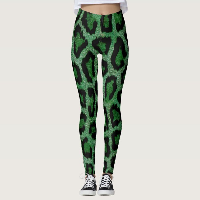 Leggings Poster de animal léopard noir vert (Devant)