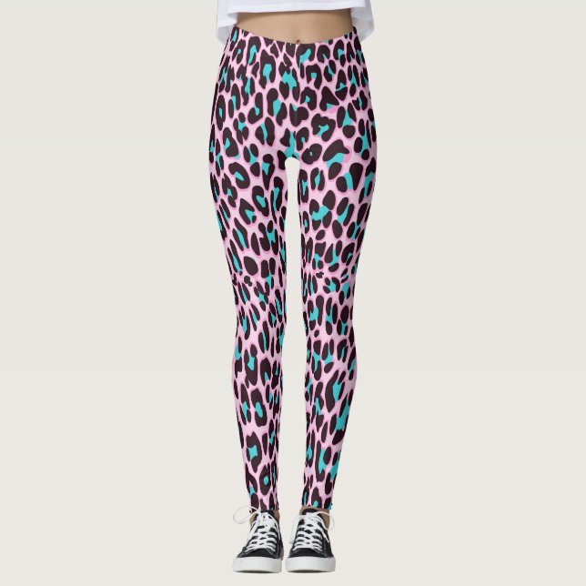 Leggings Posters de animaux rose et bleu (Devant)