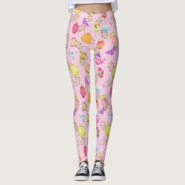 Leggings Pots de thé et tasses rose (Devant)